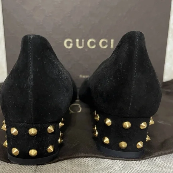 NWB Gucci Jacquelyne Black Suede Gold Studded Heel Accent Pumps - Sz 6.5 - Picture 3 of 8